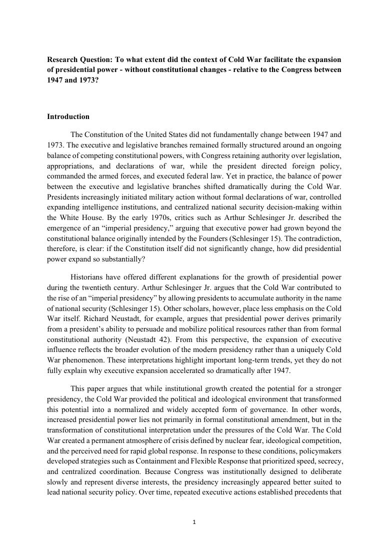 First page of the Presidential Power research paper