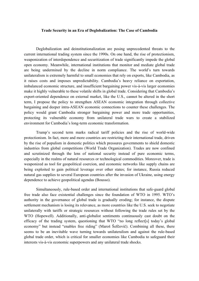 First page of the Cambodia trade security research paper
